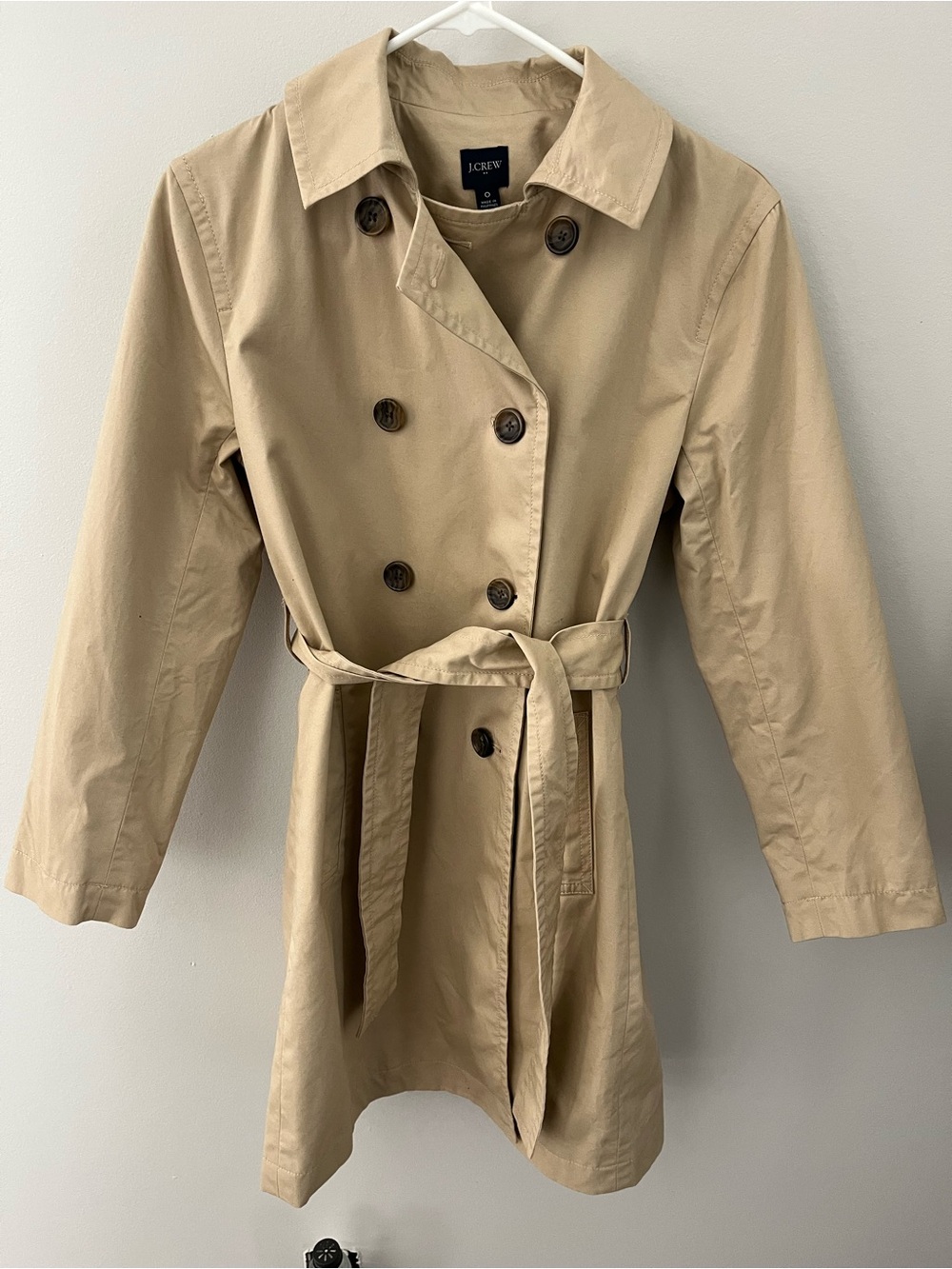 J. Crew Beige Double-Breasted Trench Coat with Tie Belt